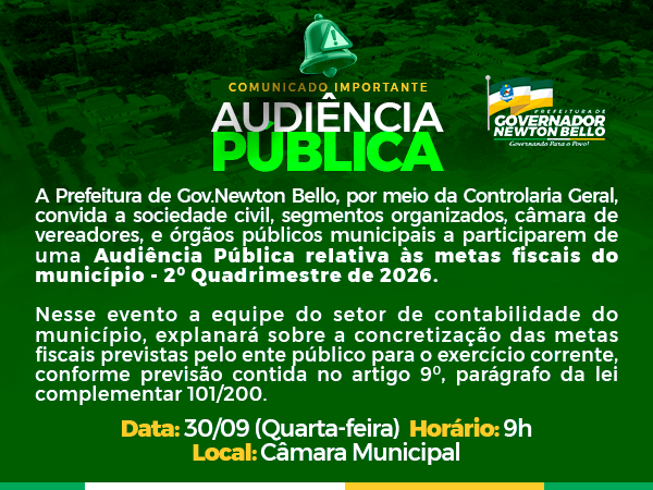 PREFEITURA REALIZARÁ AUDIÊNCIA PÚBLICA RELATIVA ÀS METAS FISCAIS DO MUNICÍPIO - 2º QUADRIMESTRE DE  [...]